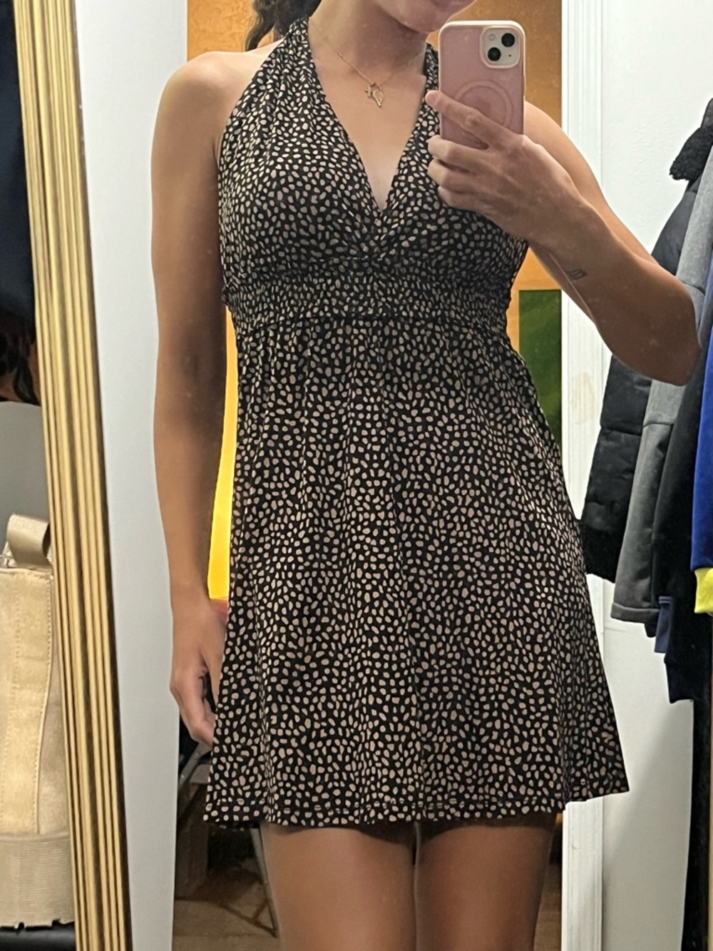 Halter Mini Dress in Black with Beige Spot Print